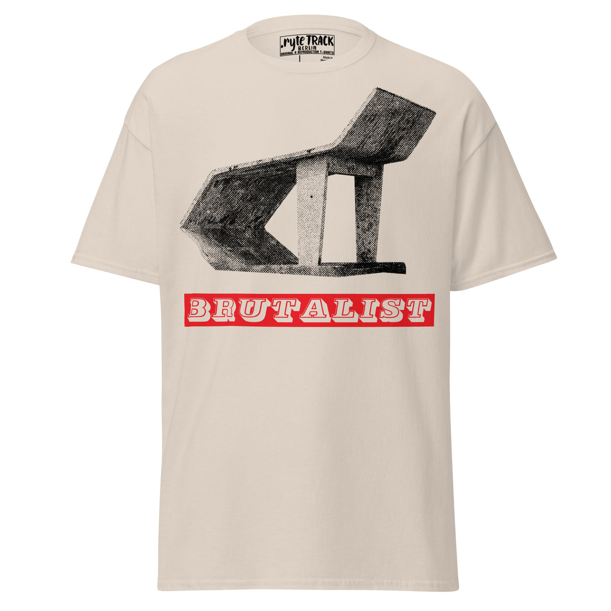 A beige short-sleeve t-shirt with a graphic print of a black soviet bus stop and a red banner reading 'BRUTALIST' in white letters. The brand Ryte TRACK is visible on the inner neck label.