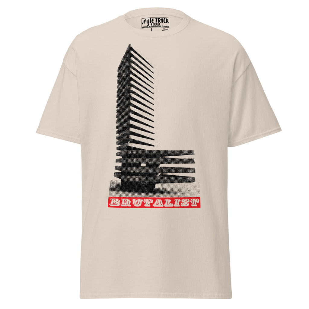 A beige short-sleeve t-shirt with a graphic print of a brutalist building in black and white, featuring a red banner at the bottom with the text 'BRUTALIST'.