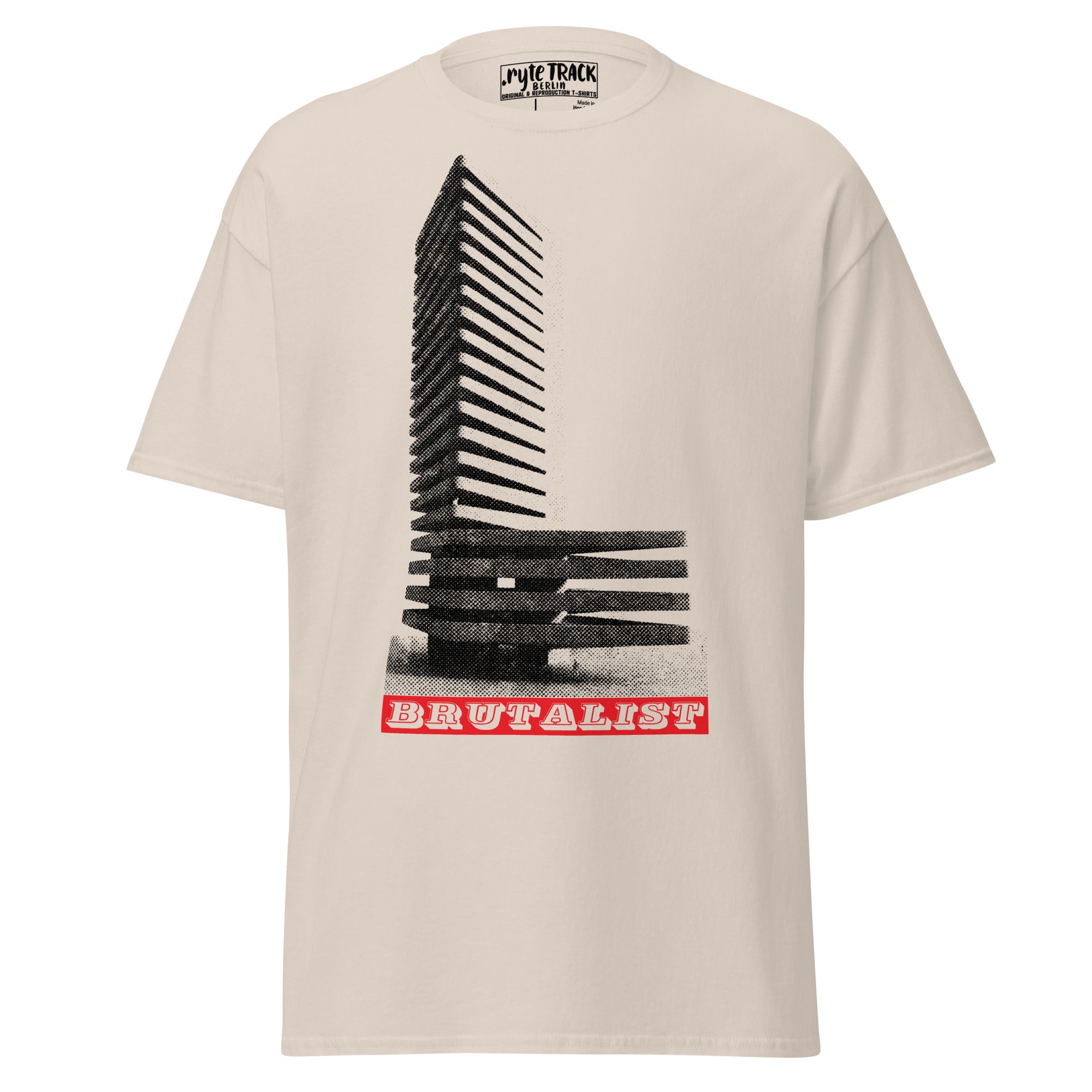 A beige short-sleeve t-shirt with a graphic print of a brutalist building in black and white, featuring a red banner at the bottom with the text 'BRUTALIST'.