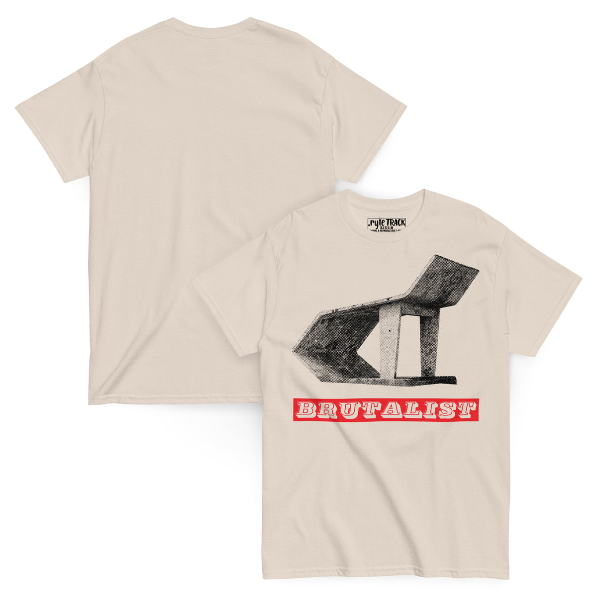 A beige short-sleeve t-shirt with a graphic print of a black soviet bus stop and a red banner reading 'BRUTALIST' in white letters. The brand Ryte TRACK is visible on the inner neck label.