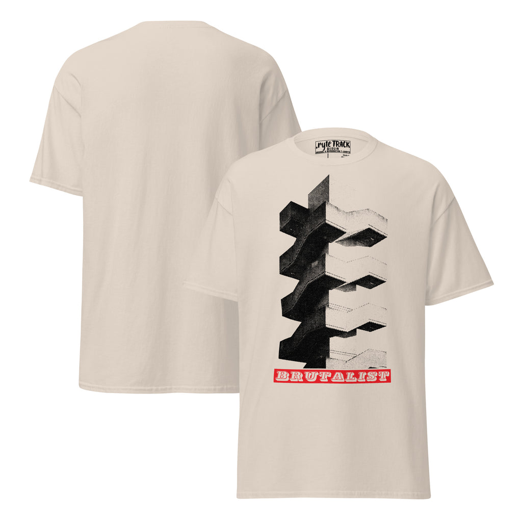 A cream-colored t-shirt shown from both the front and back. The front features a large graphic print of a black and white 3D staircase structure with a red banner at the bottom reading 'Brutalist'.