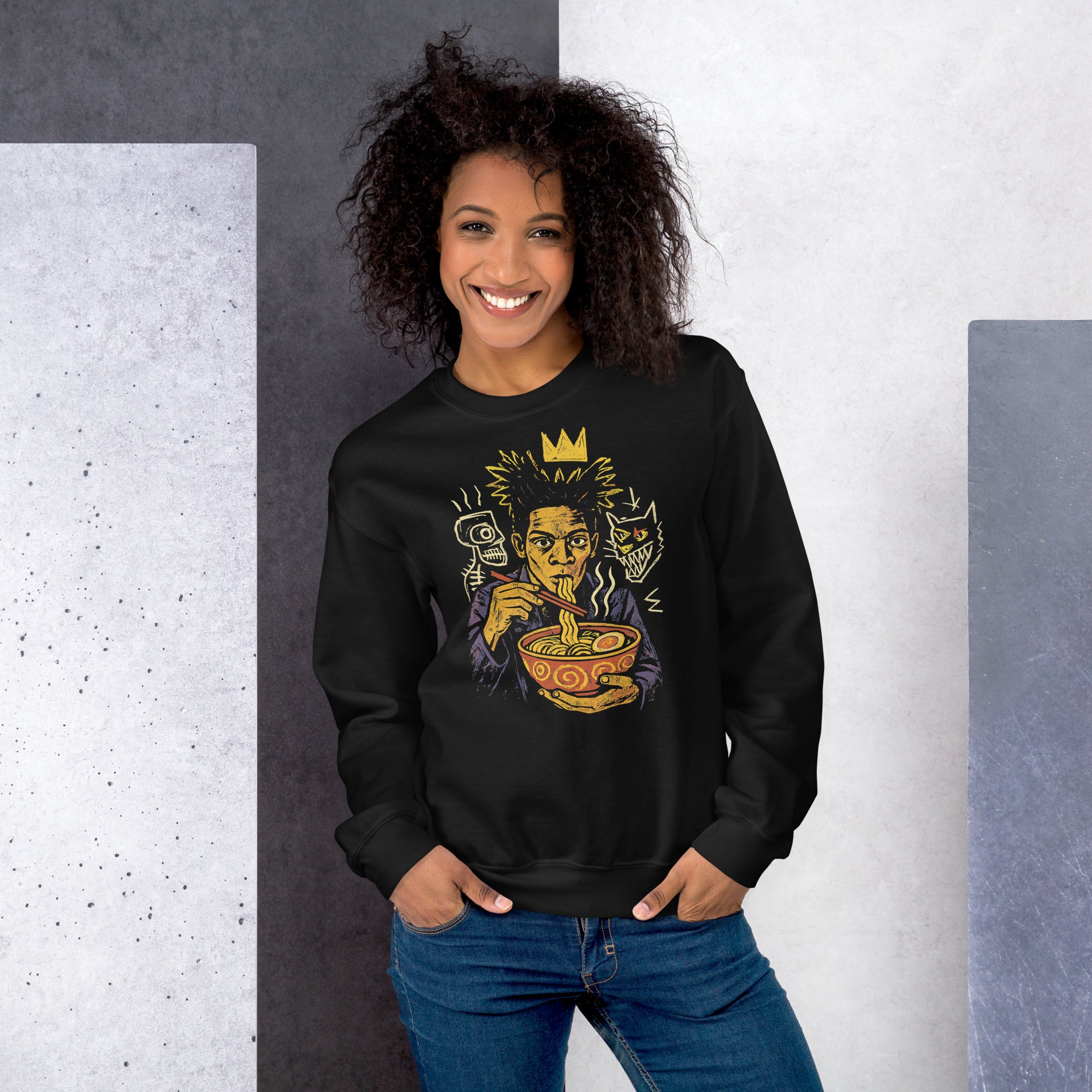 Basquiat inspired sweatshirt design with noodles