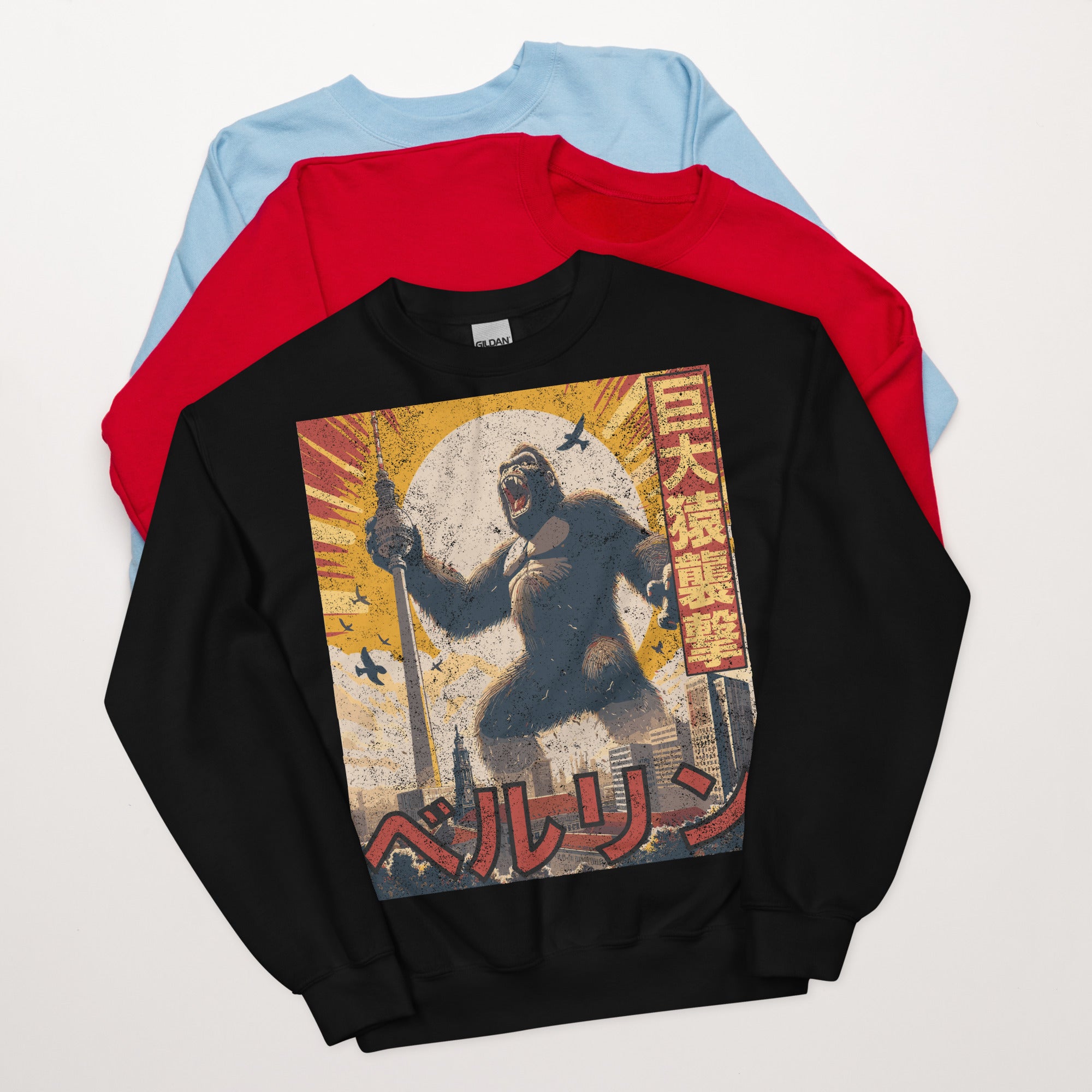 Black Sweatshirt with an image of KIng Kong attacking the Fernsehturm in Berlin