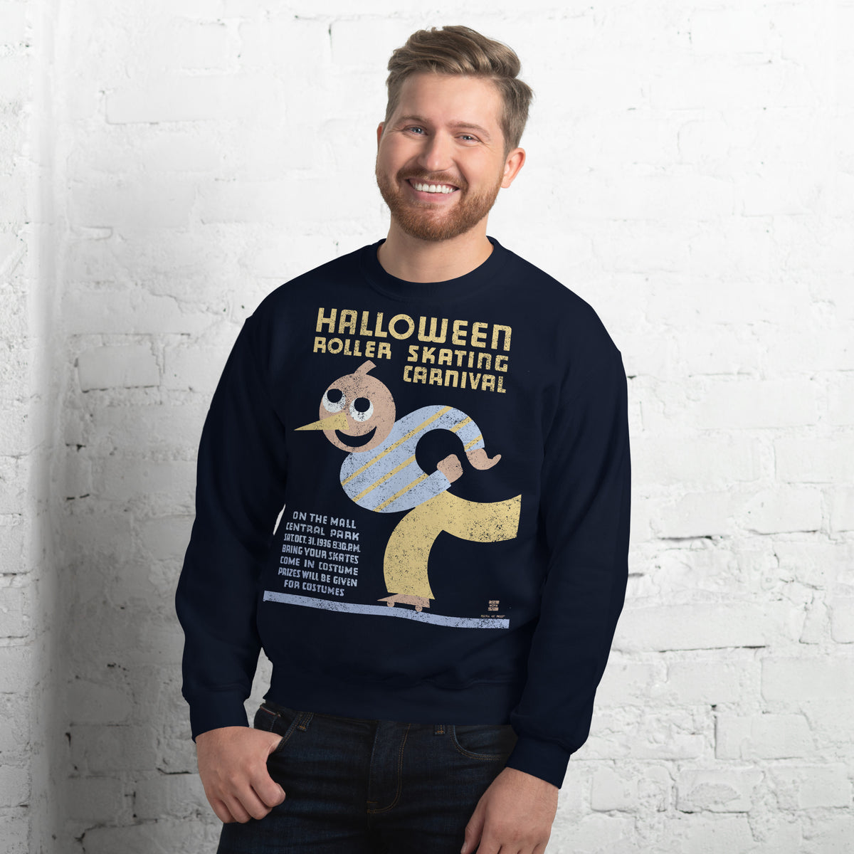 Young Man in a  navy sweatshirt in a white room