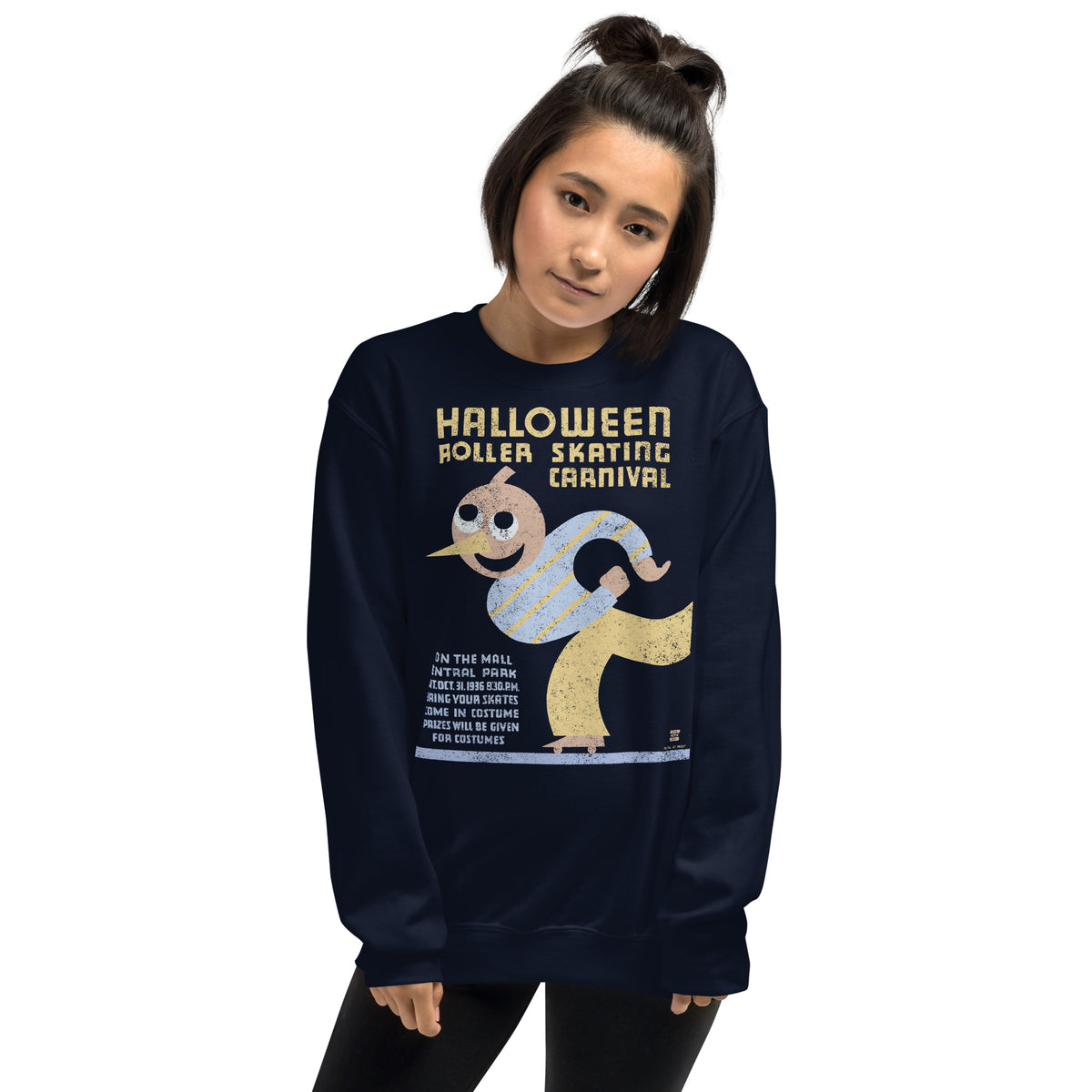 Woman in a navy sweatershirt with a Halloween Roller Skating logo