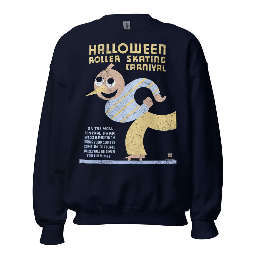 navy sweatshirt with halloween roller skating logo
