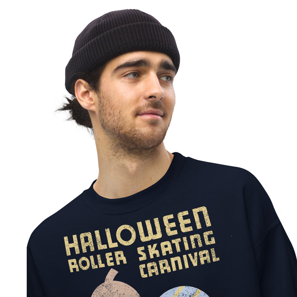 man wearing a navy sweatshirt with halloween graphic