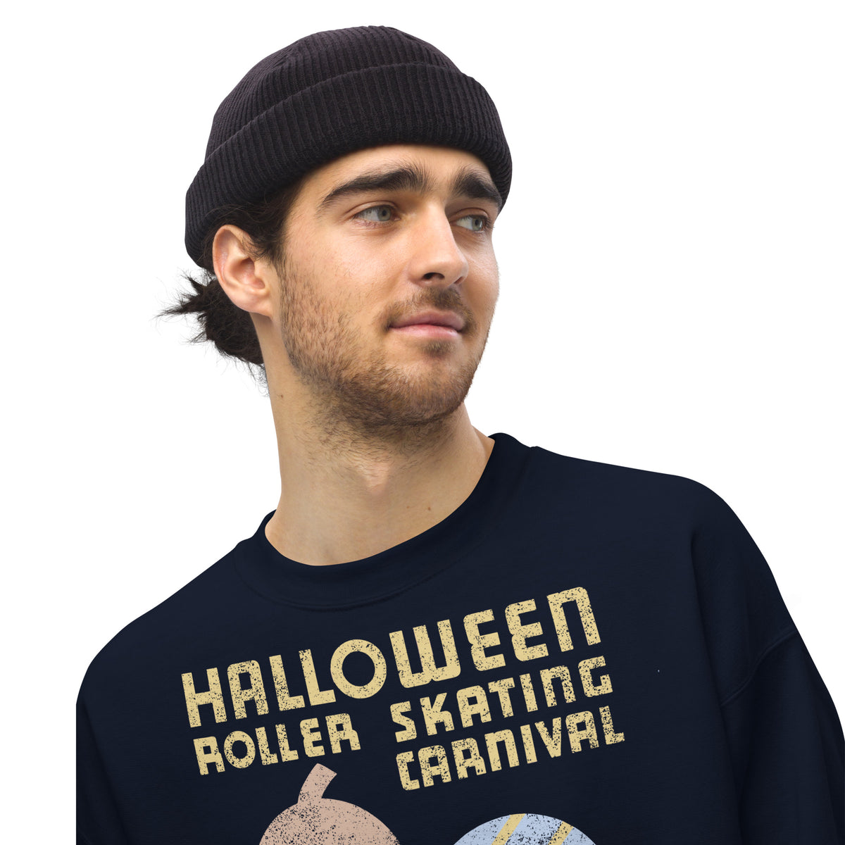man wearing a navy sweatshirt with halloween graphic