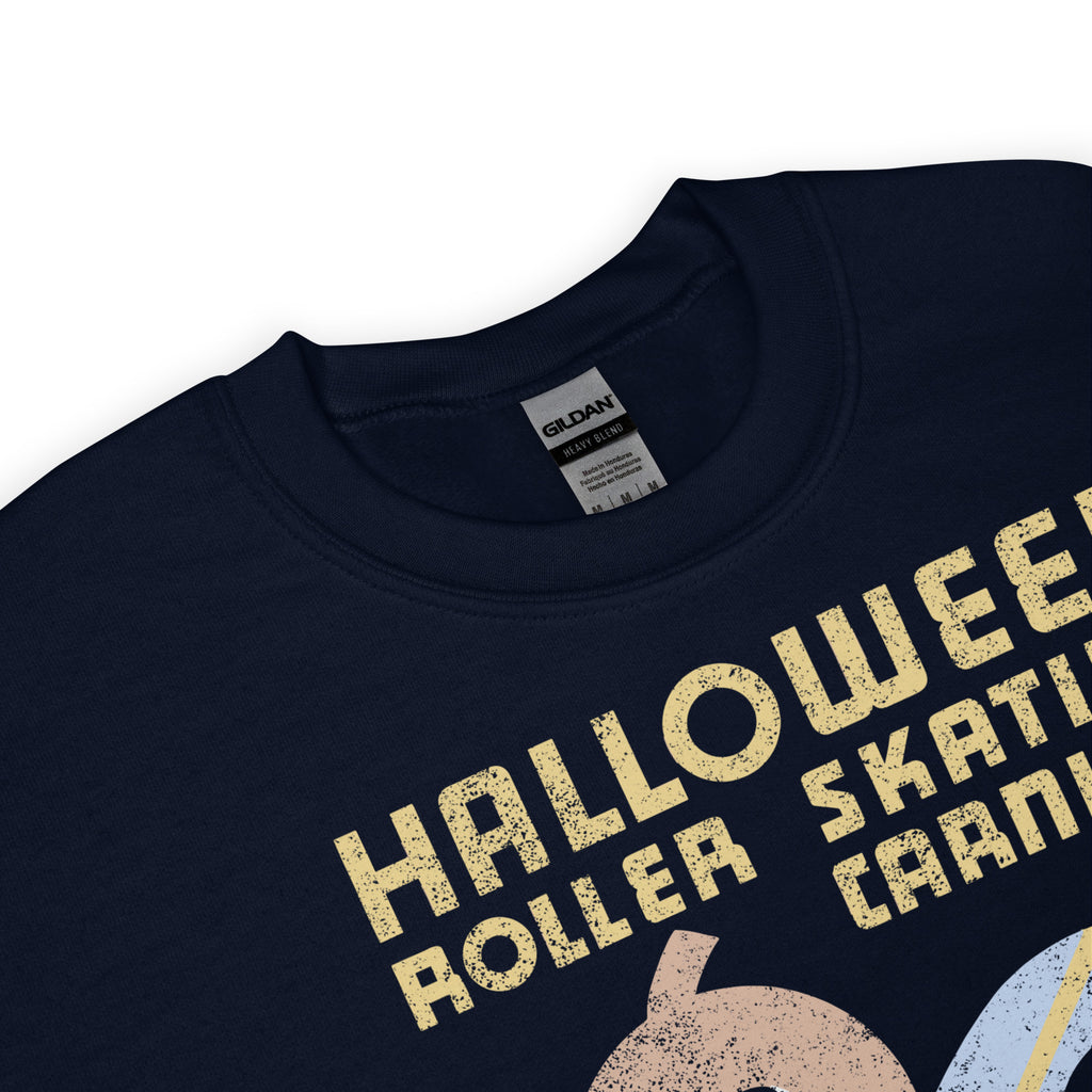Close up of a navy sweatshirt with halloween graphic