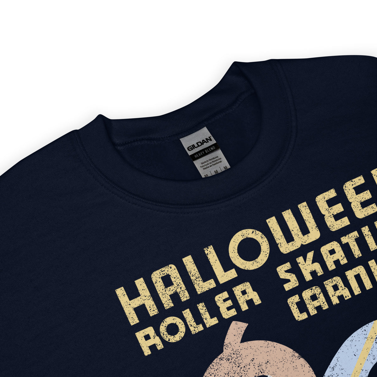 Close up of a navy sweatshirt with halloween graphic