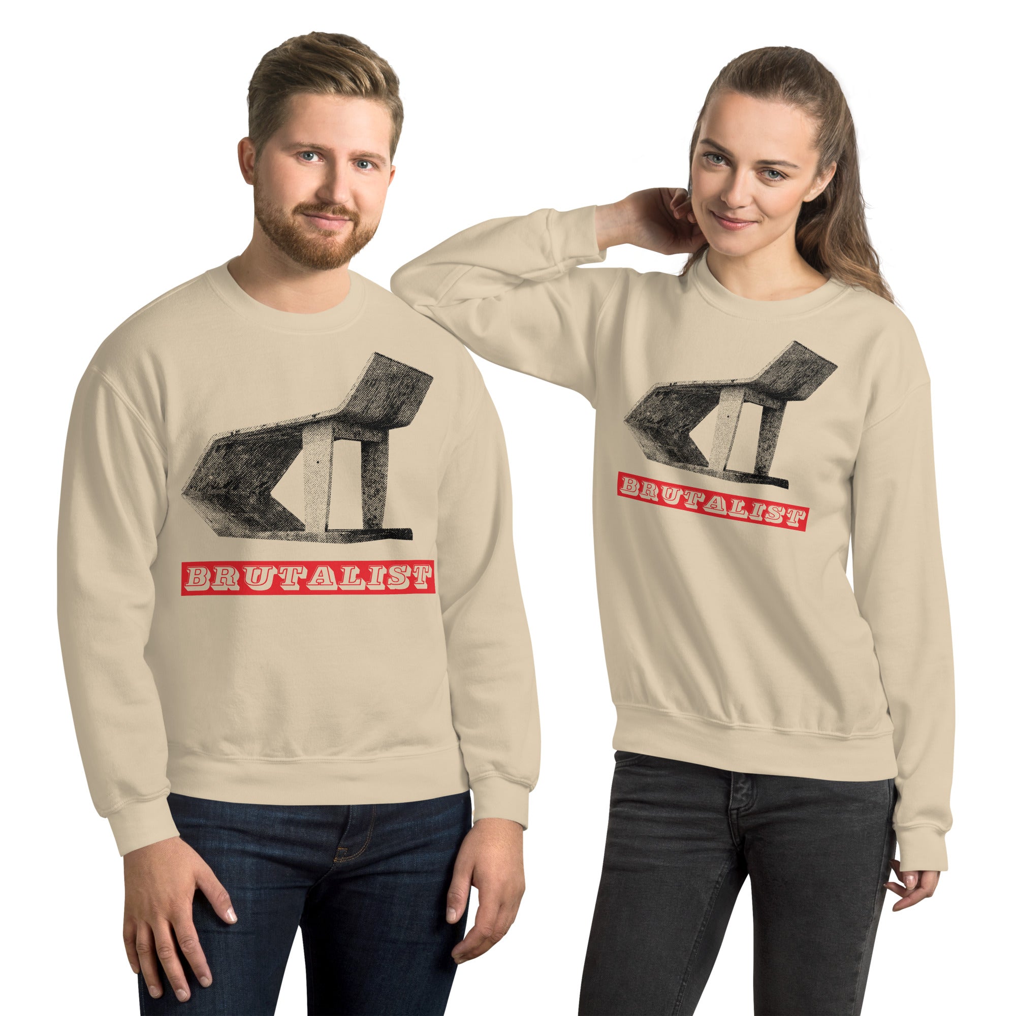 A man and a woman modeling matching beige crewneck sweatshirts with a black high-heel graphic and a red banner reading 'Brutalist'.