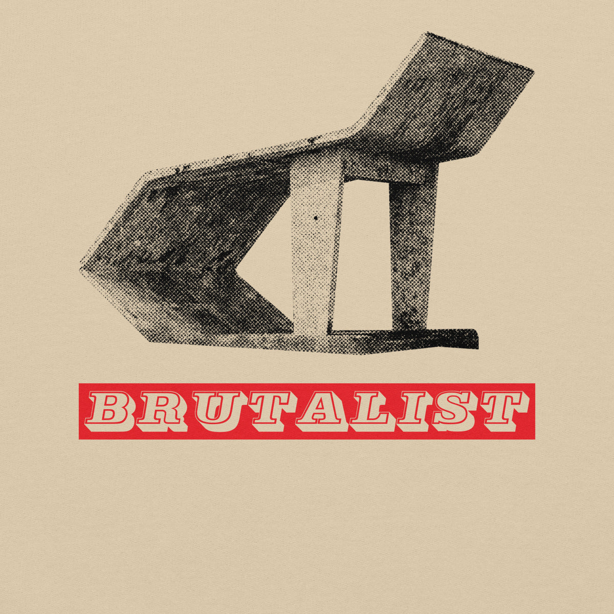 A graphic print featuring a black-and-white illustration of a brutalist Soviet Bus Stop | Brutalist Architecture Art above a red rectangular banner with the word 'BRUTALIST' in cream lettering, all on a warm beige background.