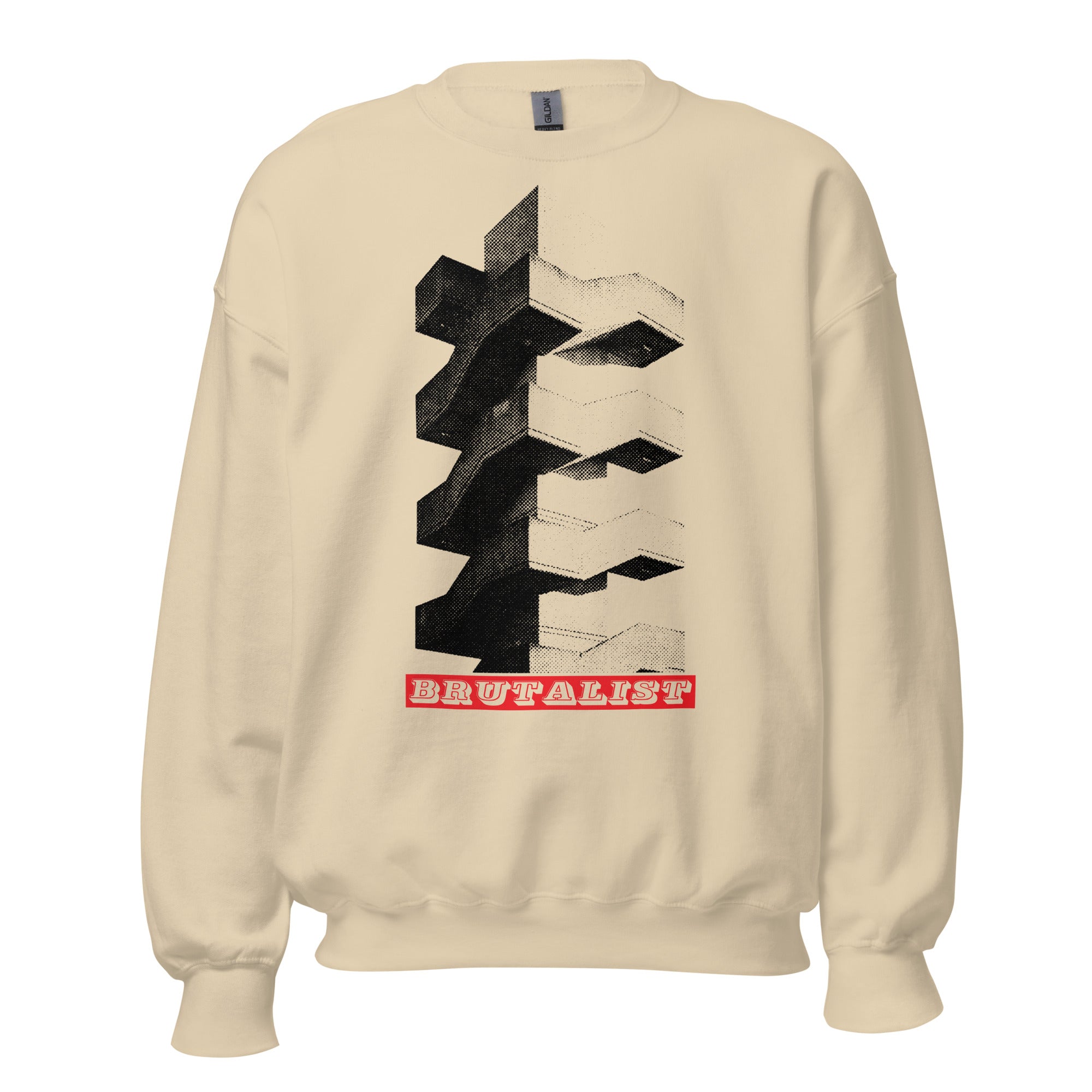 A cream-colored crewneck sweatshirt featuring a large black and white brutalist architectural graphic on the front, with a red banner below reading 'BRUTALIST'.