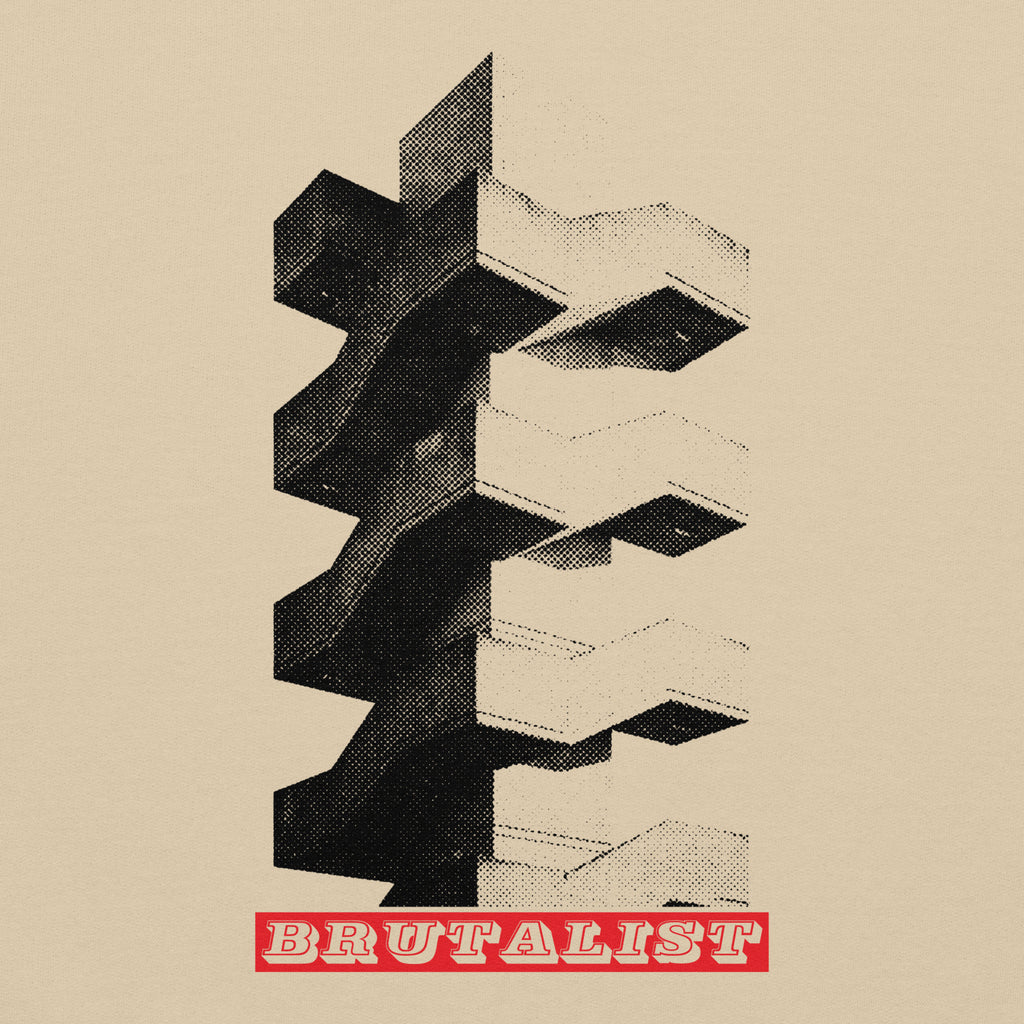 A graphic print featuring a black and white halftone illustration of a Brutalist architectural tower, with the word 'BRUTALIST' in white text inside a red rectangular block at the bottom, all on a warm beige background.