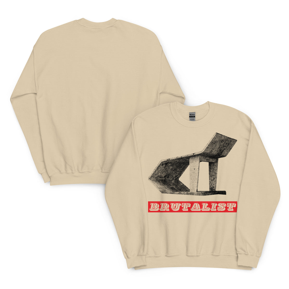 A beige crewneck sweatshirt shown from both front and back. The front features a graphic of a concrete sculpture with a red banner underneath containing the word 'BRUTALIST' in white.