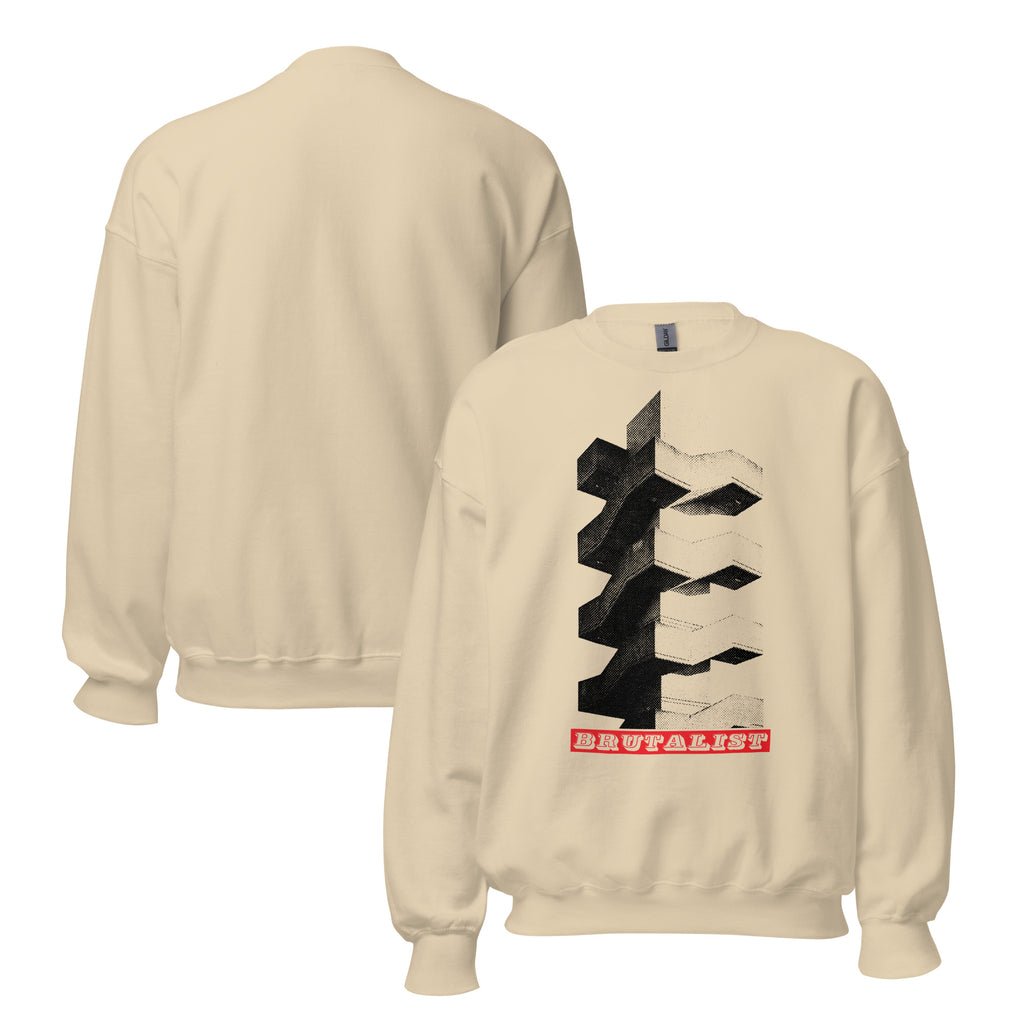 A cream-colored crewneck sweatshirt shown from both the front and back. The front features a graphic print of a black geometric tower against a white background with a red banner at the bottom reading 'Brutalist'.