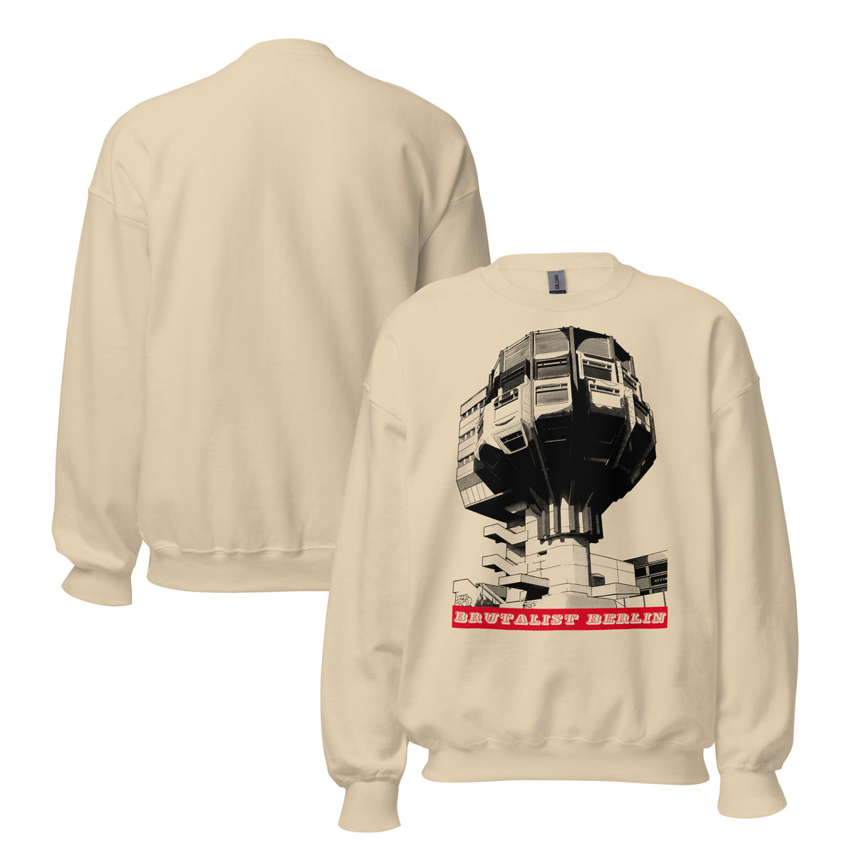 Front and back image of a graphic sweatshirt