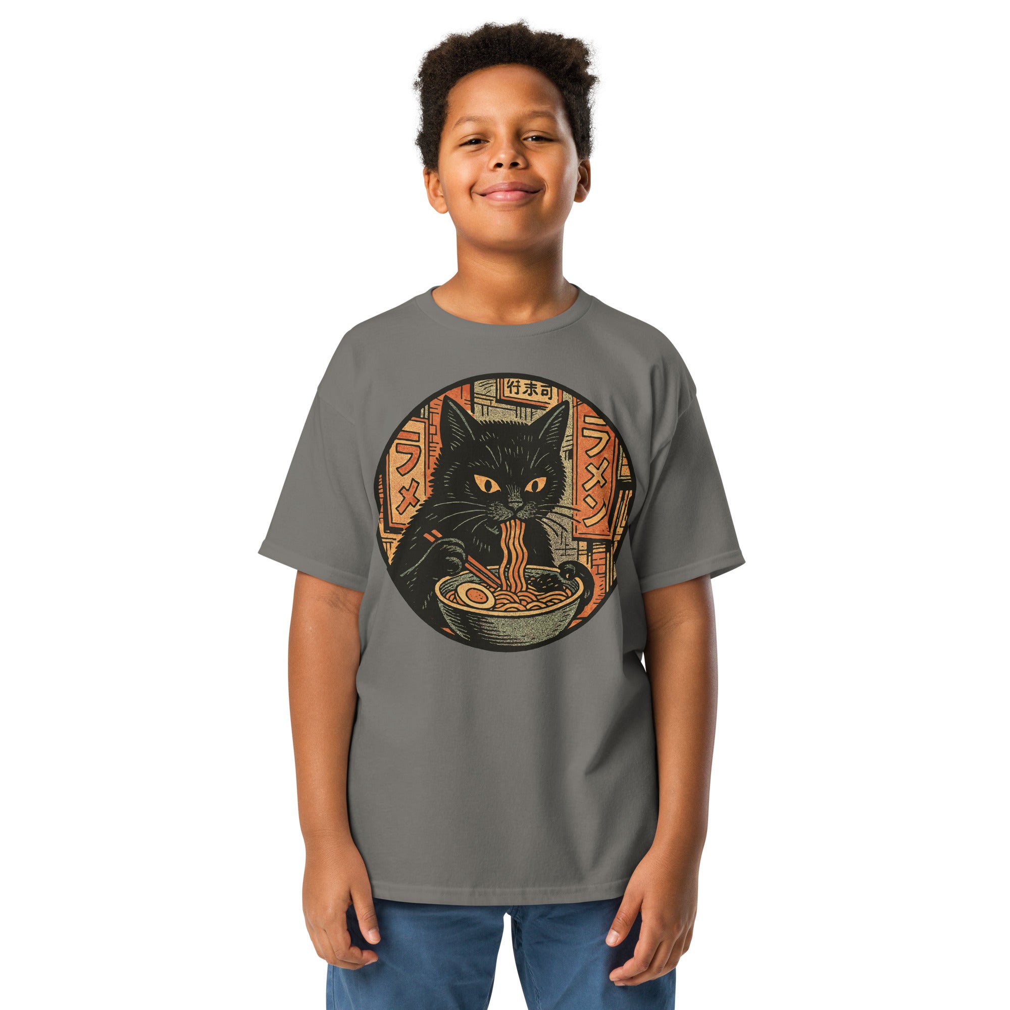 Black Cat Eating Ramen Noodles Kids T-Shirt