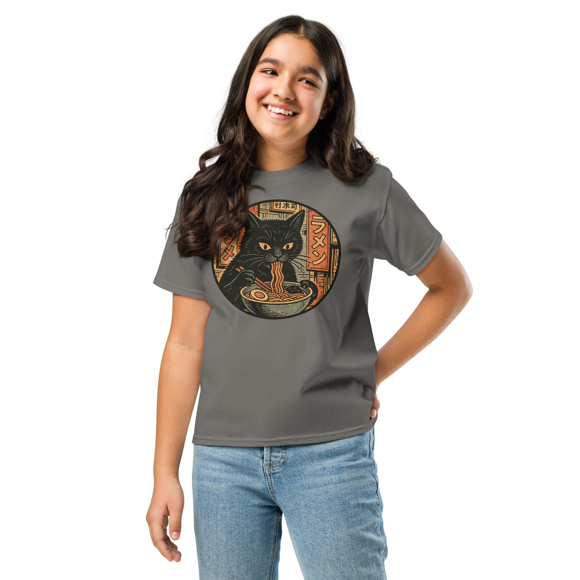 Black Cat Eating Ramen Noodles Kids T-Shirt